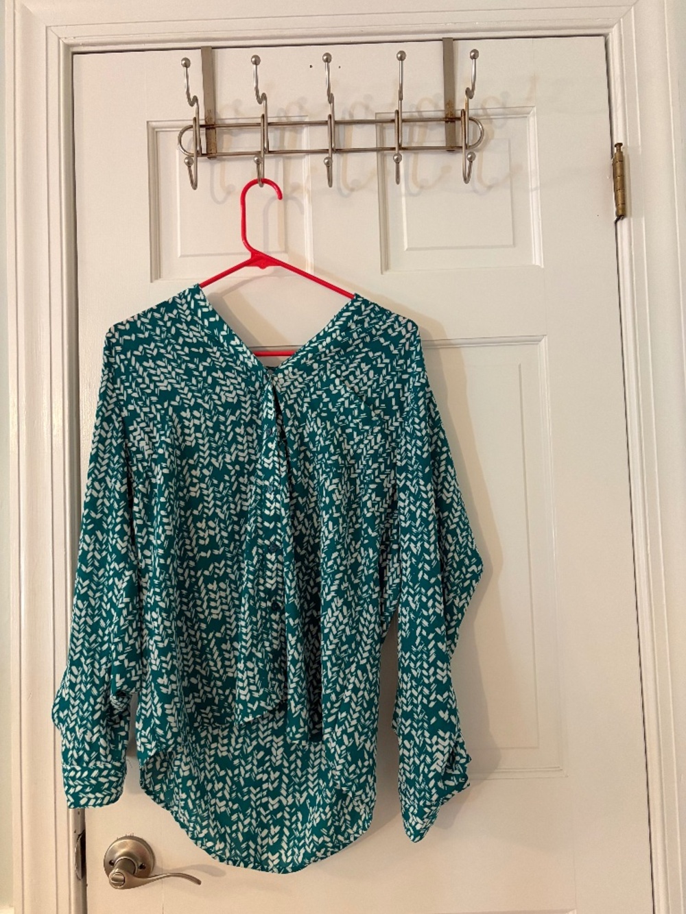 Teal Patterned Button-Up Blouse Long Sleeve